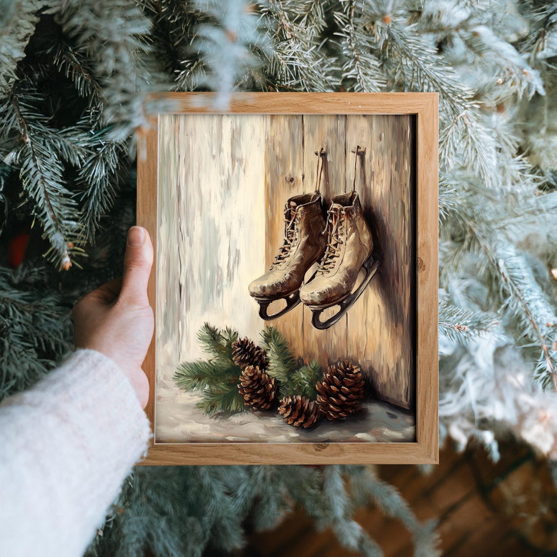 Vintage Ice Skates Hanging on Wooden Wall Winter Oil Painting Print - Image 6