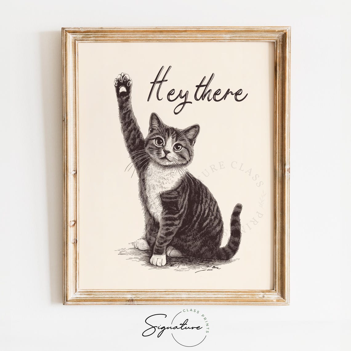 Friendly Hey There Waving Tabby Cat Vintage Cute Kitten Poster