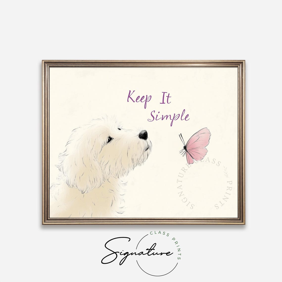 Keep It Simple Fluffy White Dog Pink Butterfly Calm Minimal Wall Art - Image 4