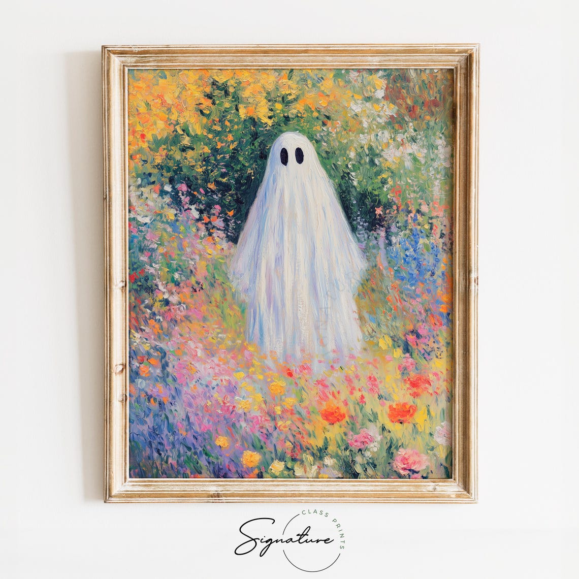 Cute White Ghost Colorful Wildflower Field Halloween Art Poster