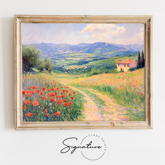 Red Poppy Path Past a Sunlit Stone Villa and Cypress Trees Poster