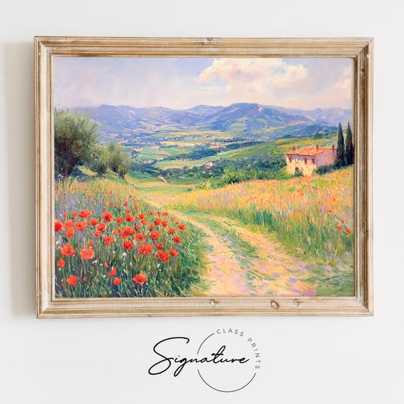 Vintage Poppy Field Landscape Painting Rhone Valley Summer Print Rustic Landscape Wall Art Moody Earthy Decor Cottagecore Wall Art 1297