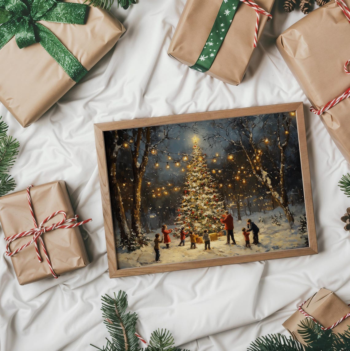 Family Decorating A Glowing Outdoor Christmas Tree At Night Poster - Image 2