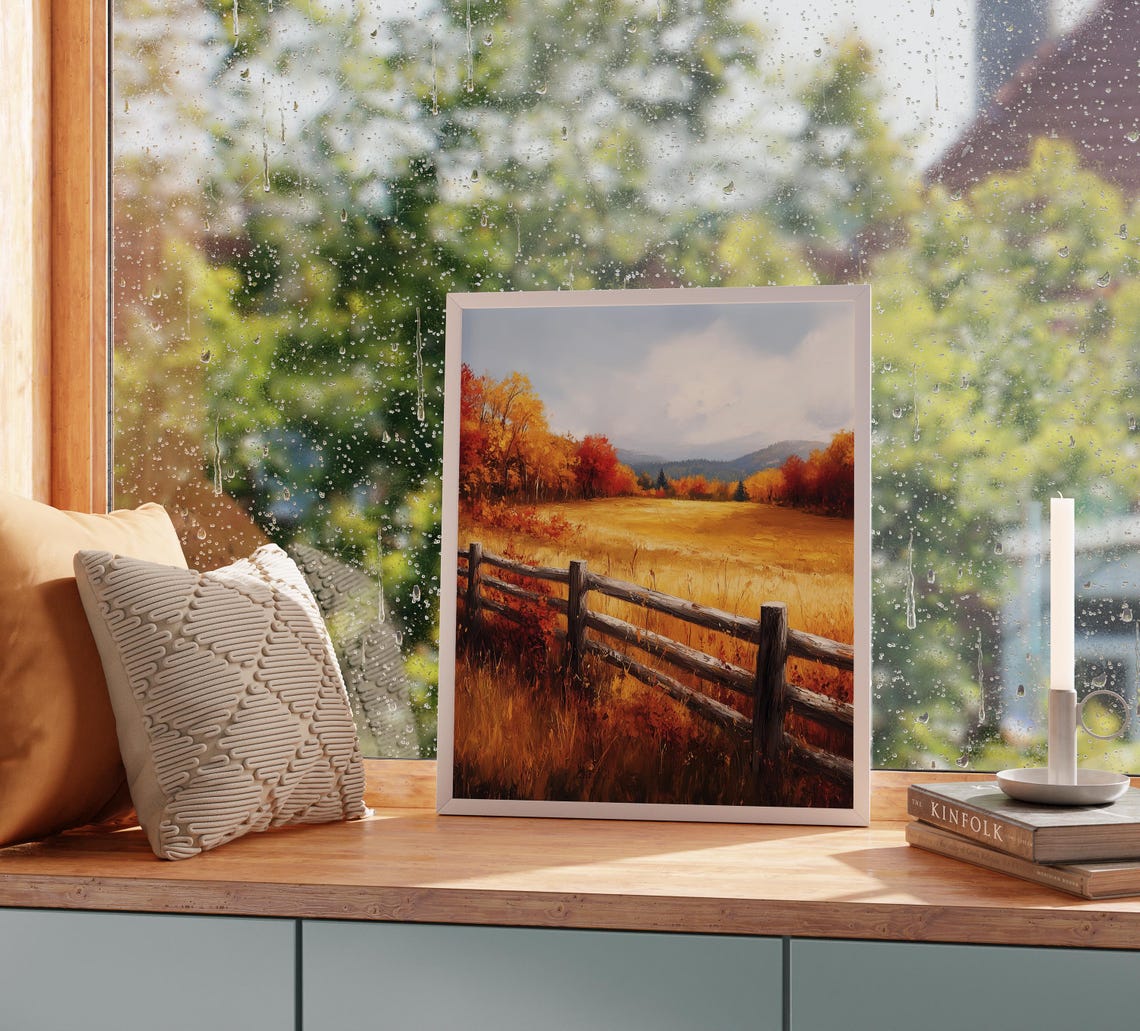 Autumn Meadow with Wooden Fence and Distant Mountain View Poster - Image 2