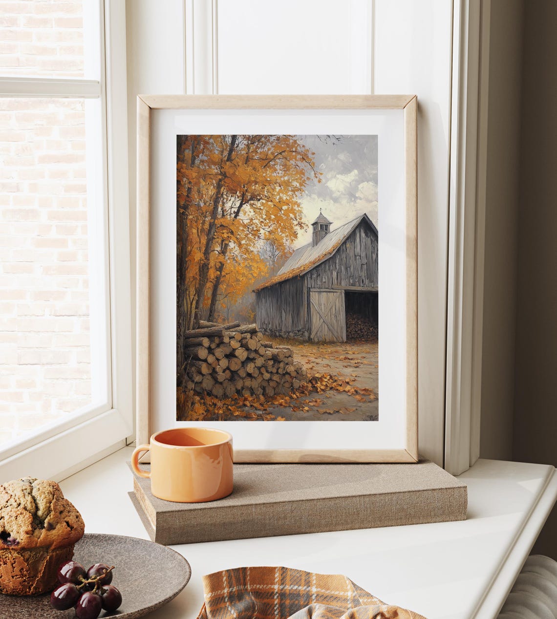 Weathered Barn with Firewood Stack Under Orange Maple Trees Poster - Image 6