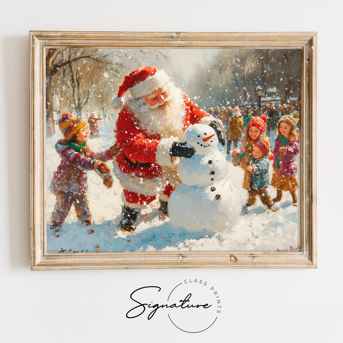 Santa Claus Building Snowman With Children in Snowy Street Poster