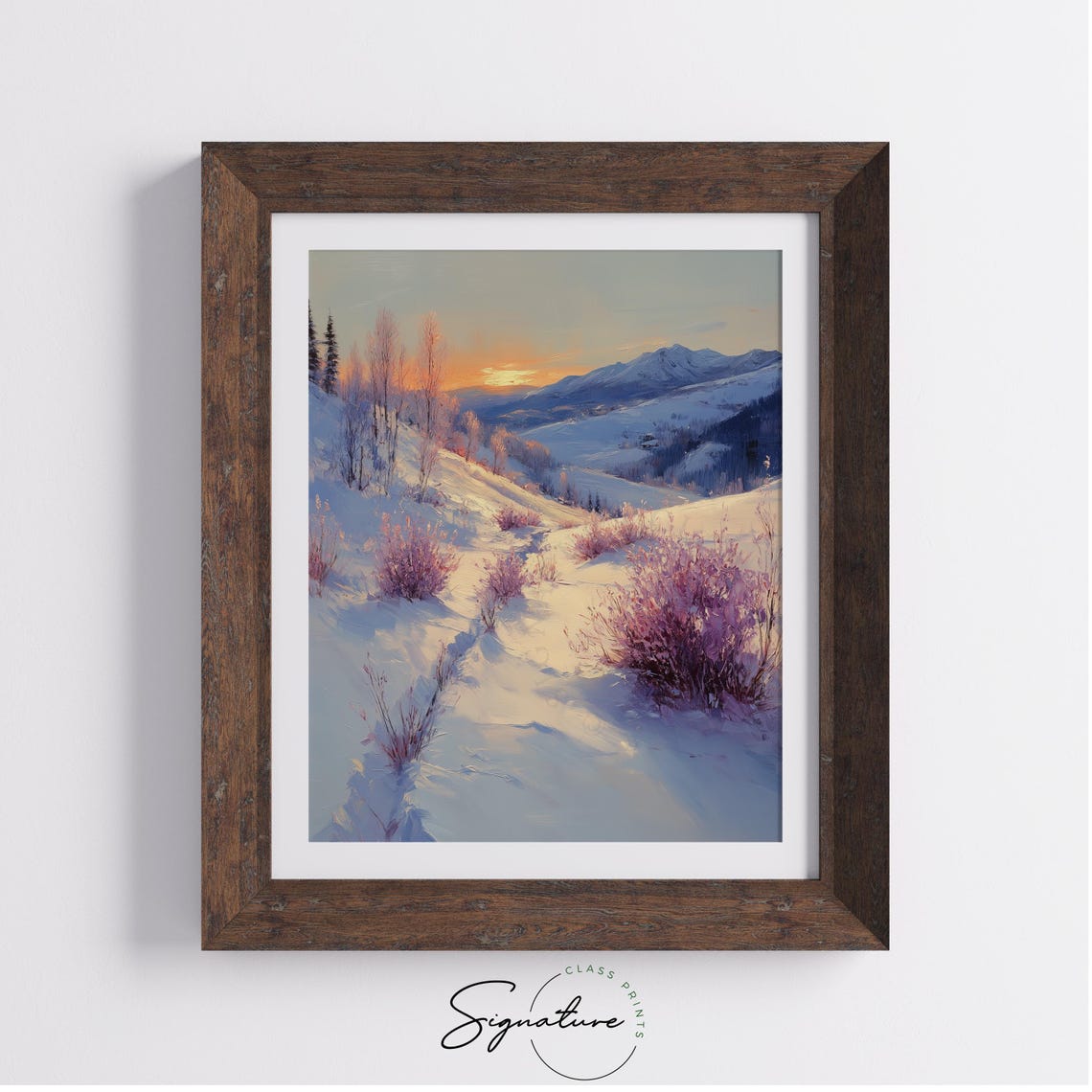 Pastel Sunrise Over Snowy Hills with Pink Bushes Winter Poster - Image 3