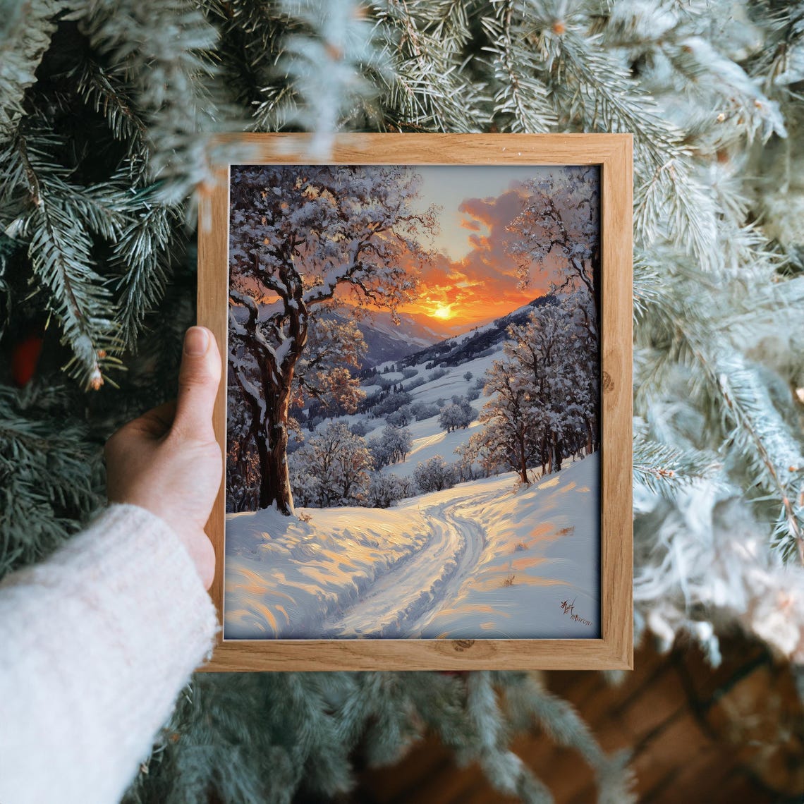 Snowy Mountain Valley Warm Sunset Glow Winter Landscape Poster - Image 6