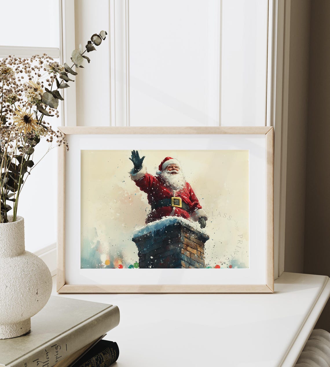 Santa Claus Waving From Snowy Chimney Top Watercolor Scene Poster - Image 6