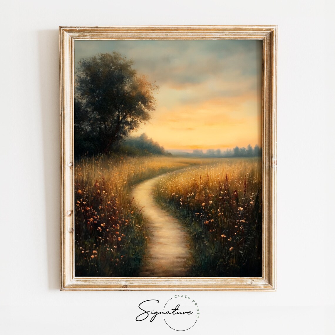 Quiet Country Lane Golden Sunset Light Over Wildflower Field Poster