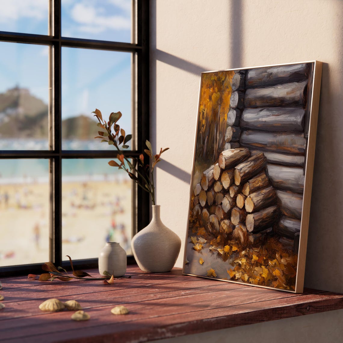 Rustic Log Cabin Firewood Stack With Autumn Leaves Fall Poster - Image 5