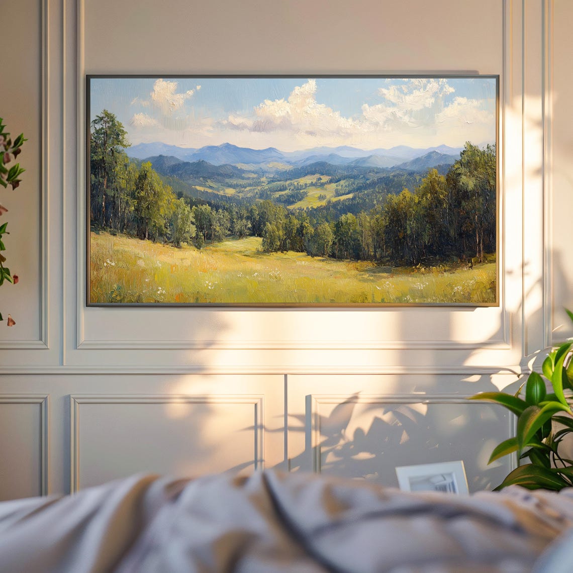 Green Forest Valley Sunlit Meadow Hazy Mountain Landscape Wall Art - Image 6