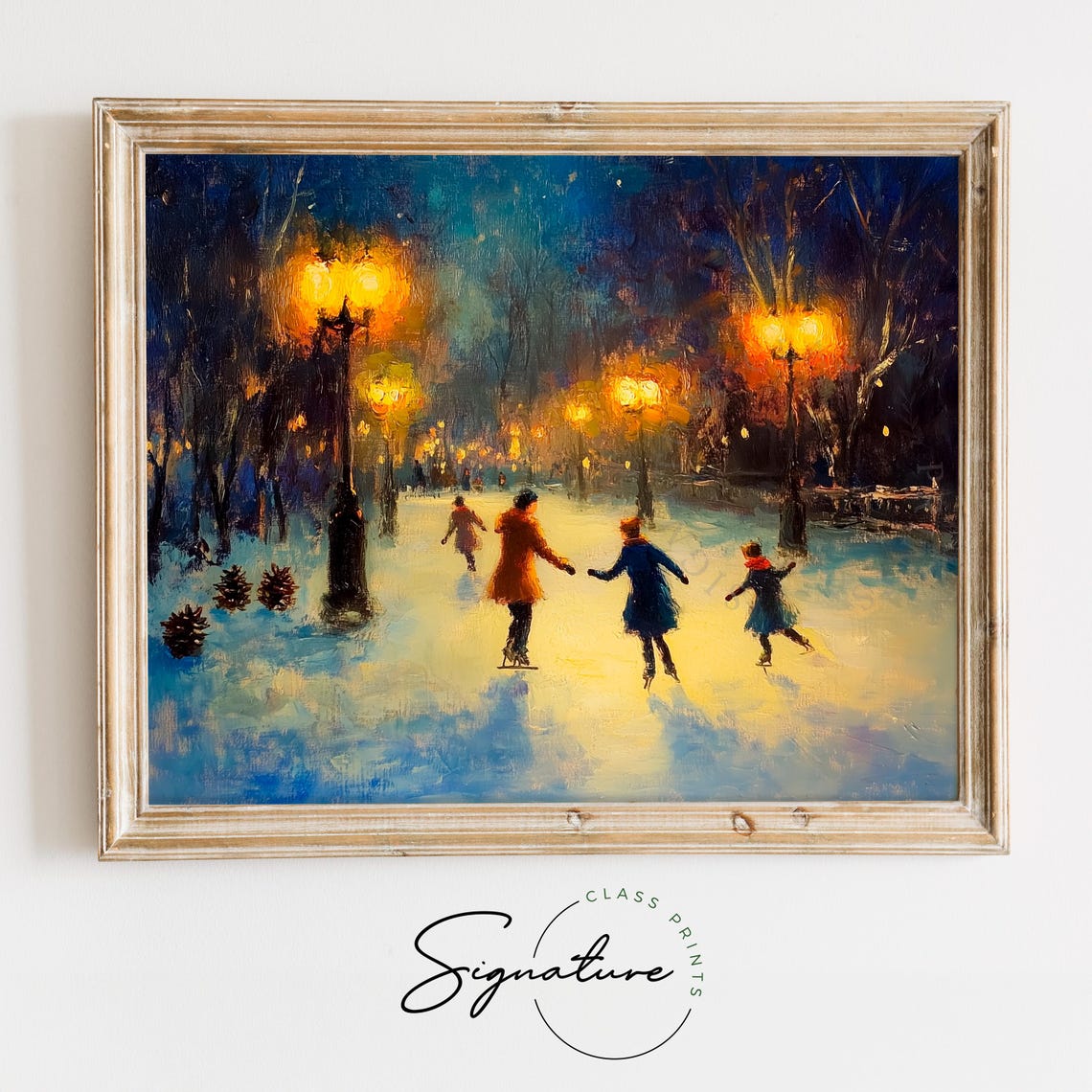 Evening Ice Skating Under Glowing Street Lamps Impressionist Poster