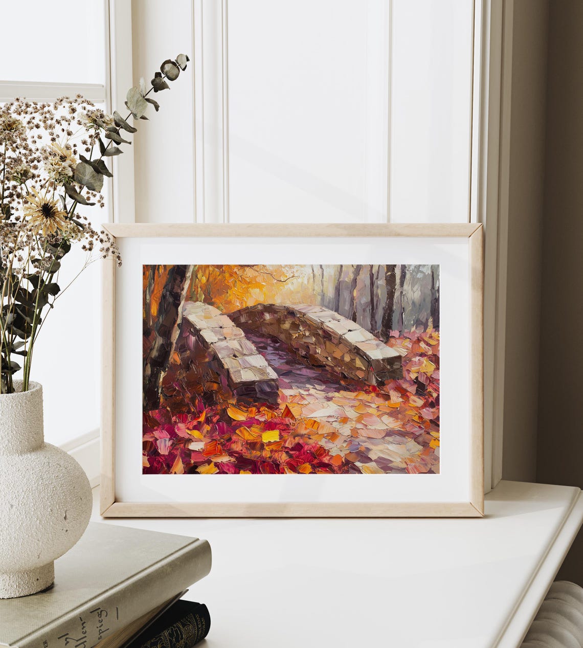 Arched Stone Bridge In Autumn Forest With Fallen Leaves Poster - Image 6