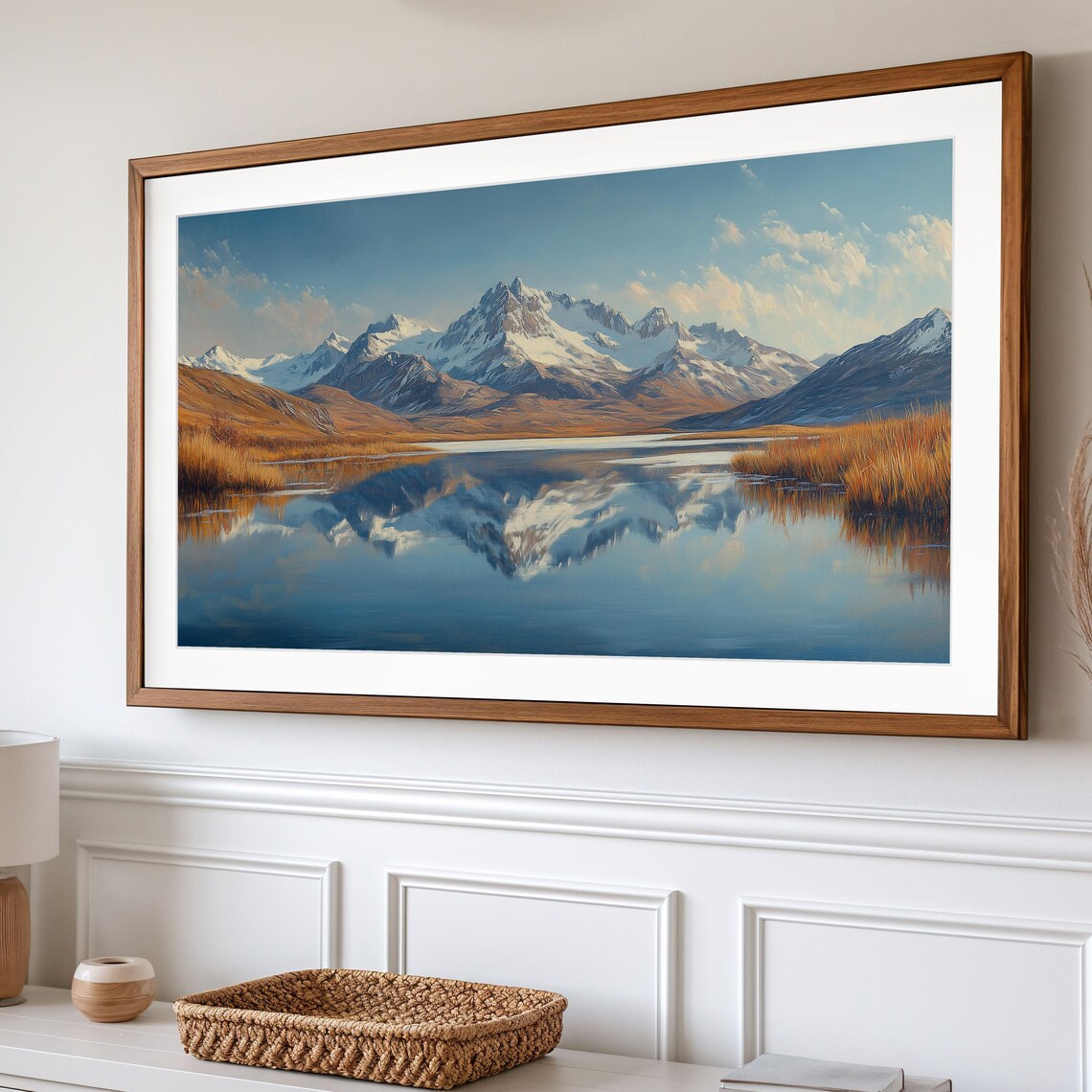 Snow Capped Mountains Over Lake With Golden Autumn Hills Winter Art Poster - Image 2