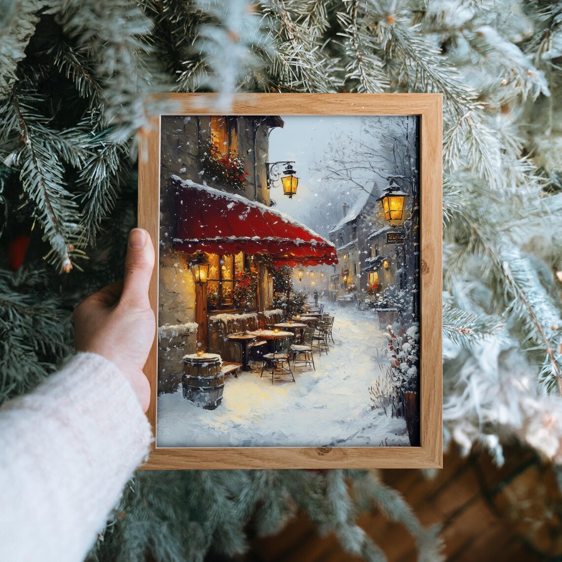 Snowy Cafe With Red Awning Cozy Winter European Street Scene Poster - Image 6