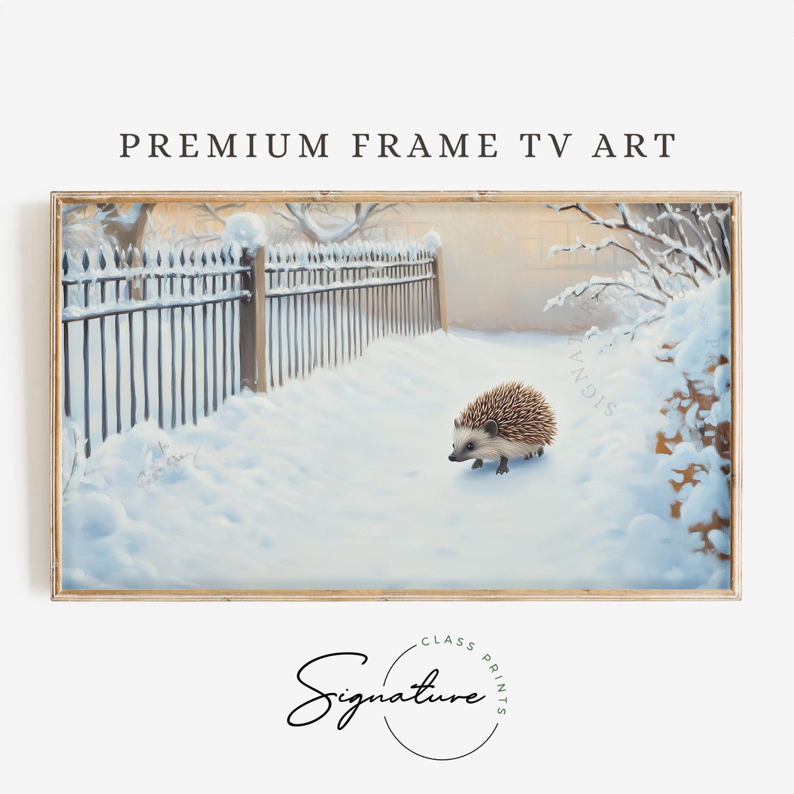 Hedgehog Walking on Snowy Path Beside Fence Winter Animal Poster