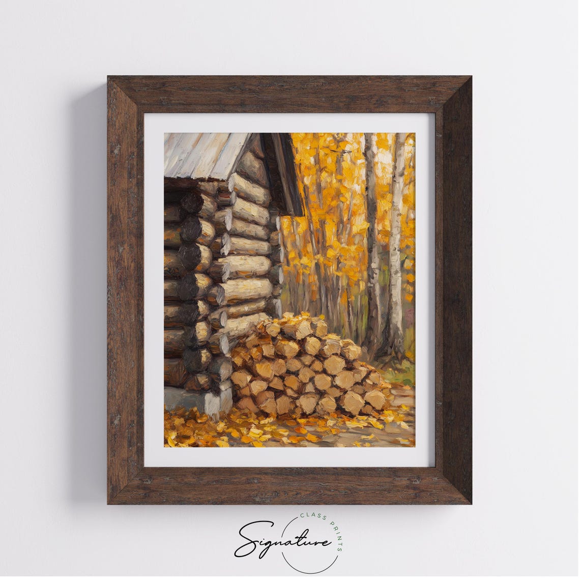 Log Cabin Firewood Pile Golden Birch Trees Autumn Woods Poster - Image 4