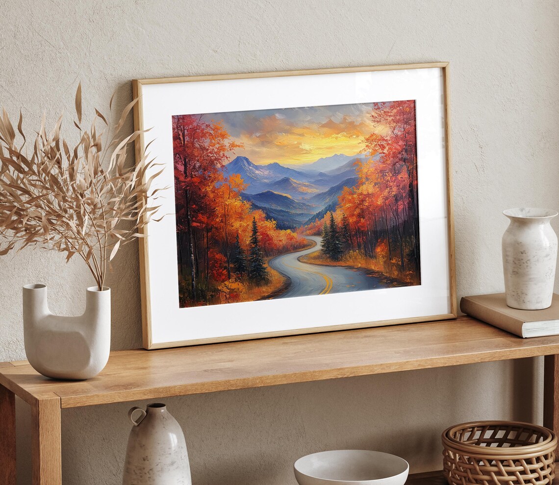 Winding Road Autumn Mountains Sunset Oil Painting Landscape Poster - Image 4