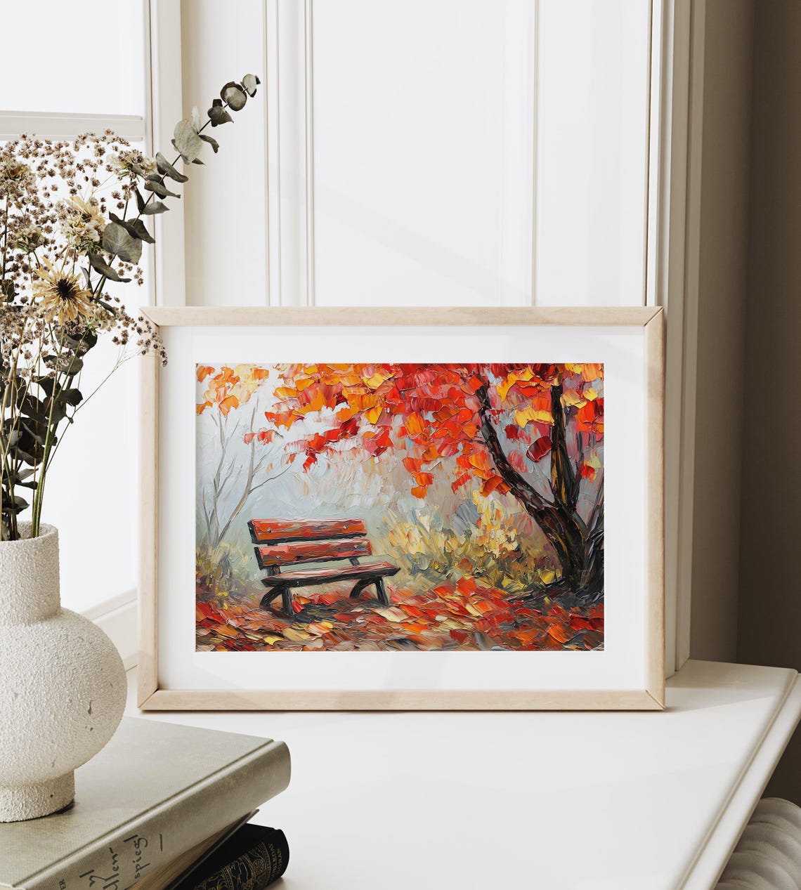 Autumn Park Bench Painting Red Maple Tree Vibrant Fall Leaves Poster - Image 6
