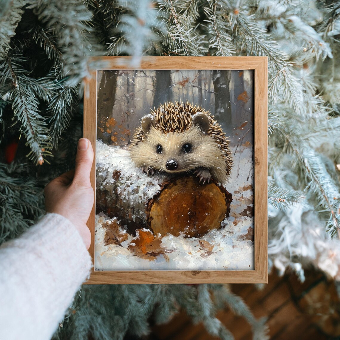 Cute Hedgehog Snowy Log Winter Woodland Forest Animal Oil Painting Poster - Image 6