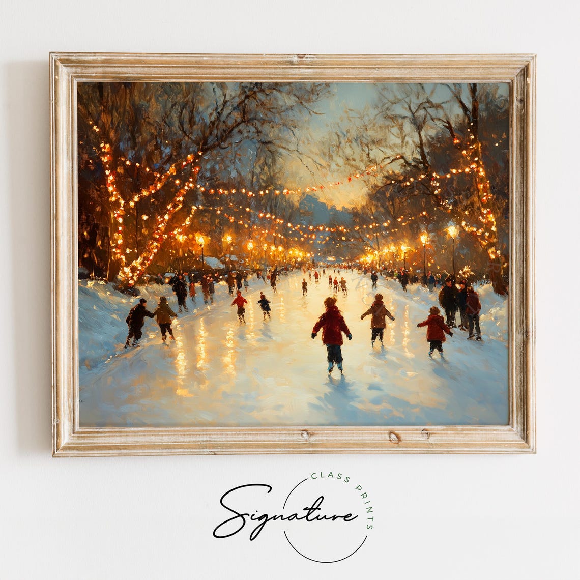 Festive Ice Skating Rink Crowd Under Holiday String Lights Poster