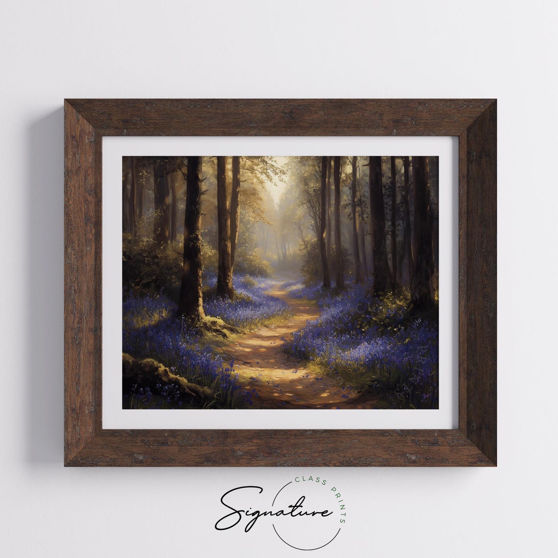 Sunlit Bluebell Wood Path Between Towering Forest Trees Wall Art - Image 5