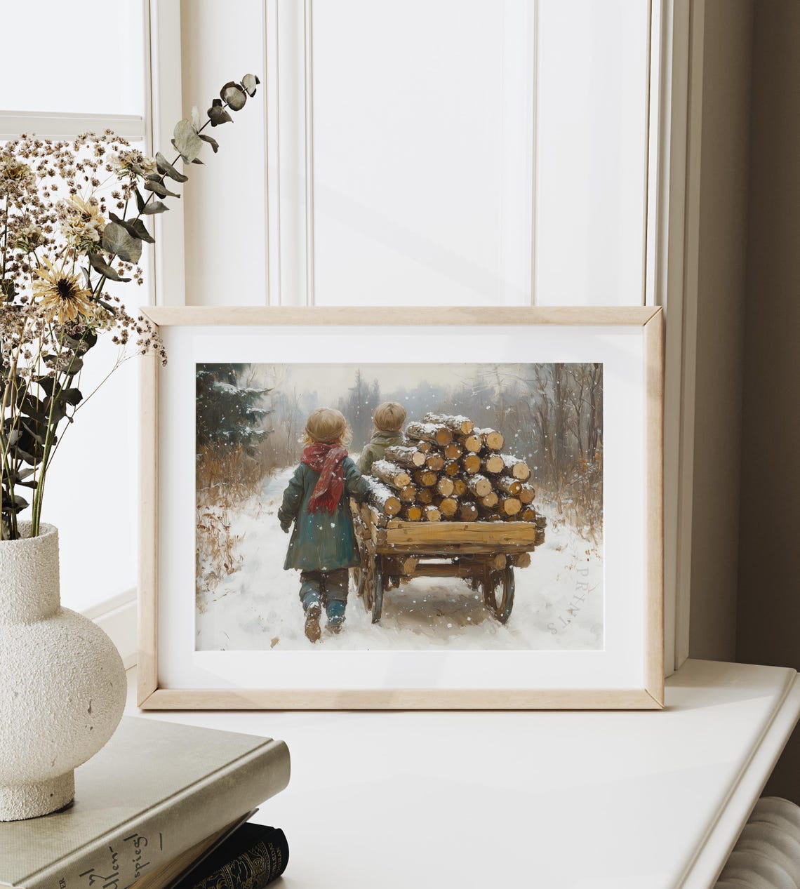 Two Children Pulling Firewood Wagon Through Falling Snow Poster - Image 6
