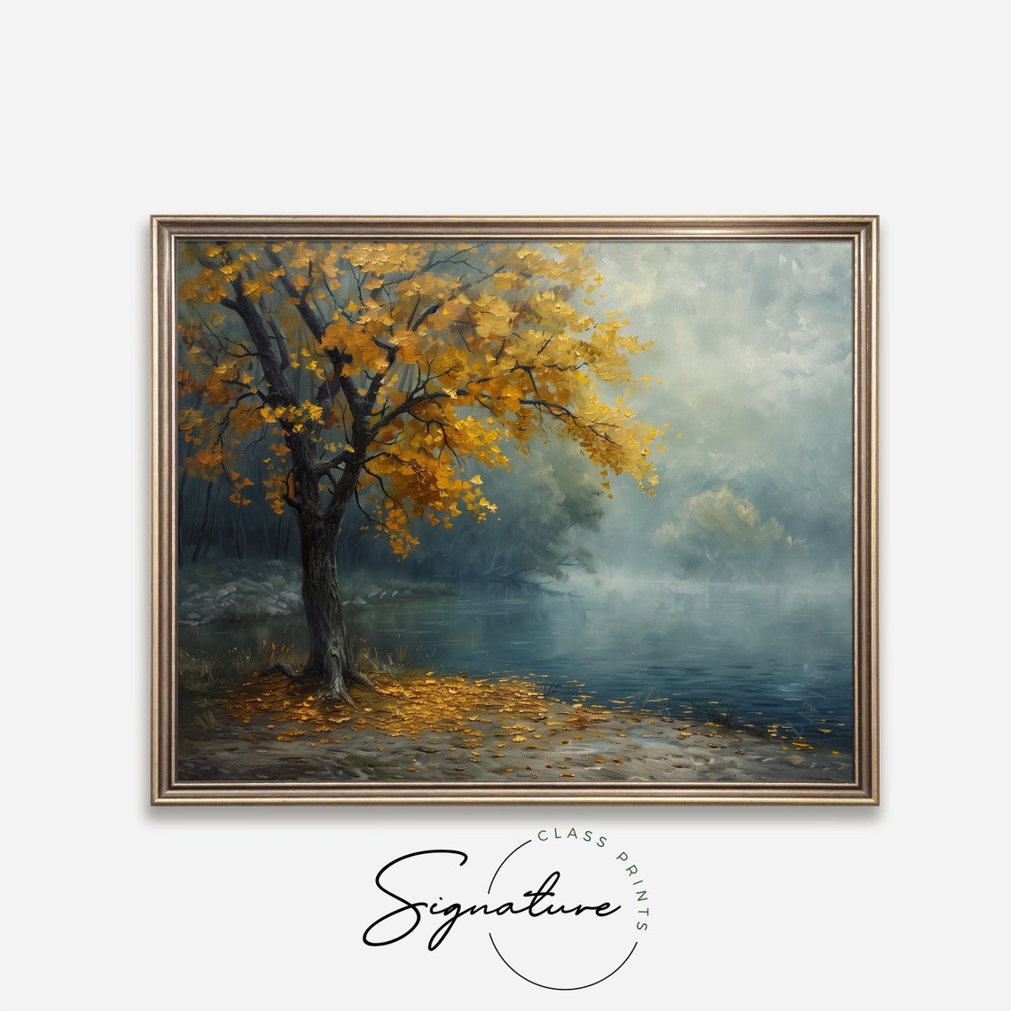 Golden Chestnut Tree Beside Foggy Lakeside Misty Autumn Poster - Image 4