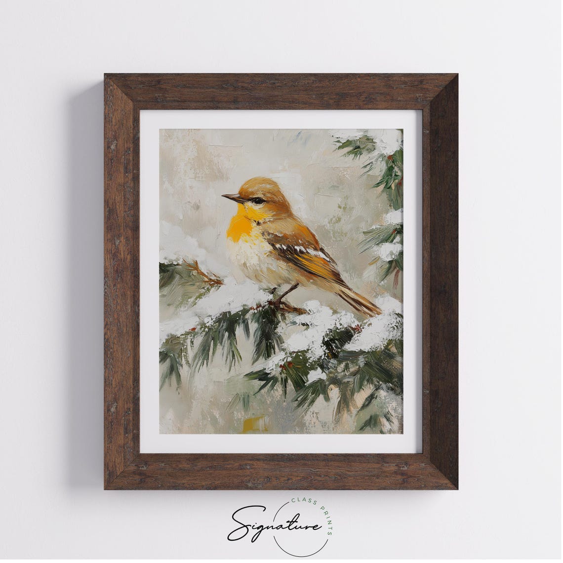 Golden Yellow Songbird on Snowy Pine Branch Winter Oil Style Poster - Image 2