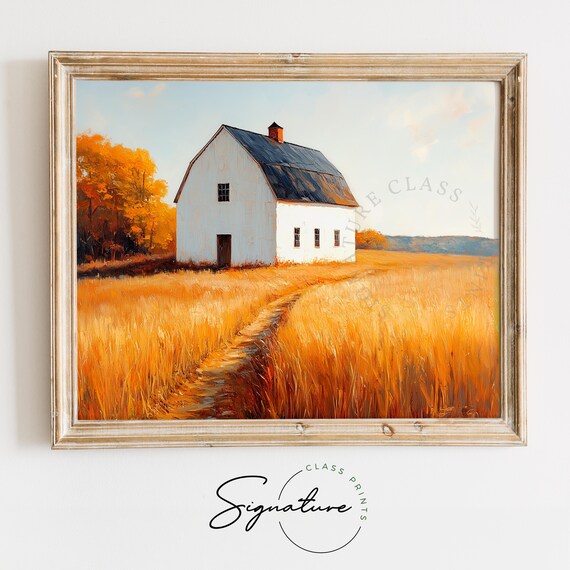 White Barn Standing Alone in Endless Golden Wheat Field Wall Art