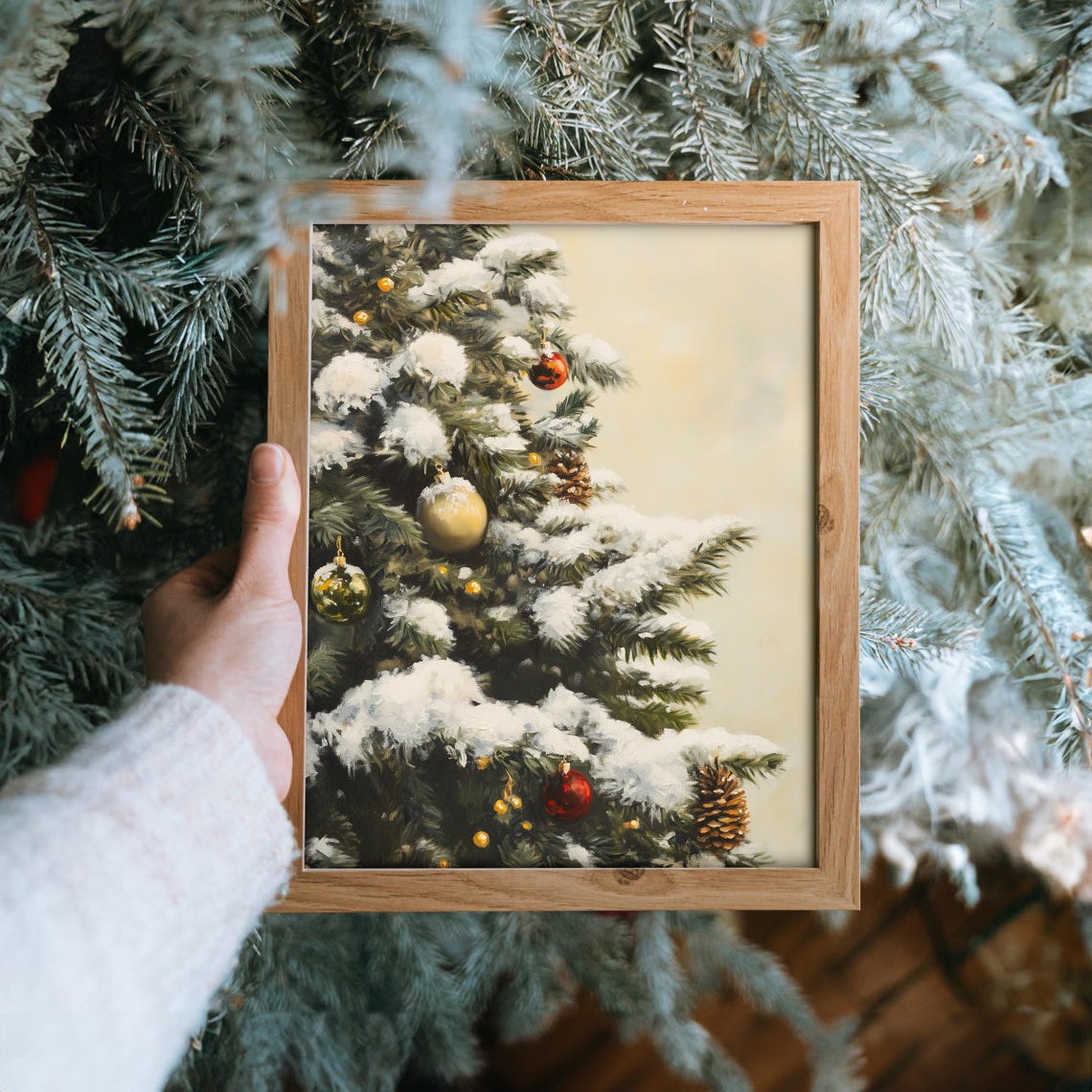 Snow Covered Christmas Tree with Red and Gold Ornaments Poster - Image 6