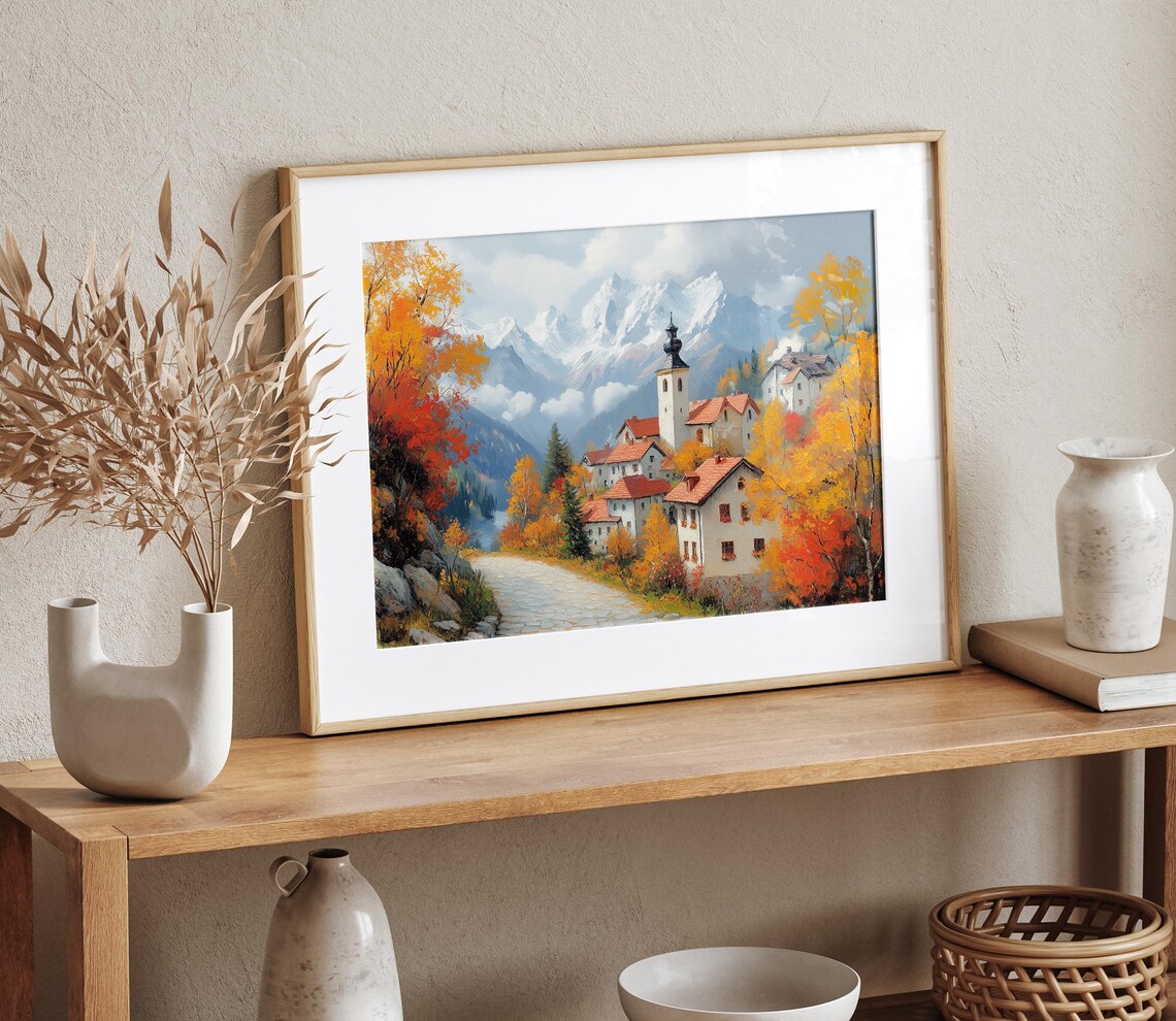 Alpine Village Church Snowy Peaks Autumn Oil Painting Travel Poster - Image 4