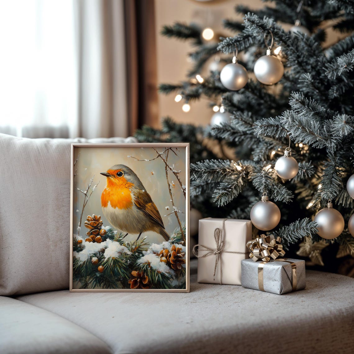 Robin on Snowy Pine Branch with Pinecones Winter Oil Painting Print - Image 5
