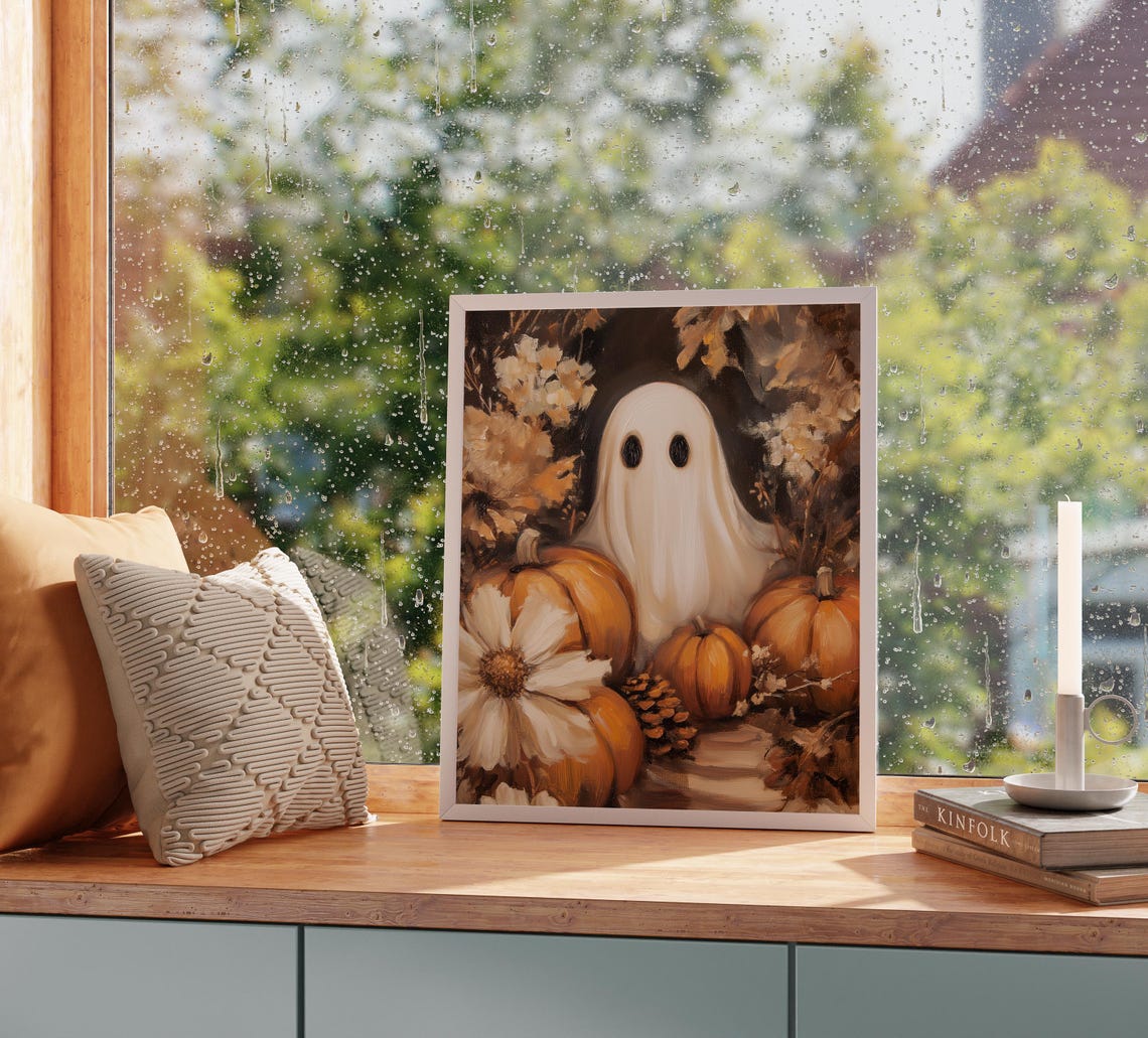 Ghost Smiling Over Pumpkins Daisies and Pinecones Autumn Poster - Image 2