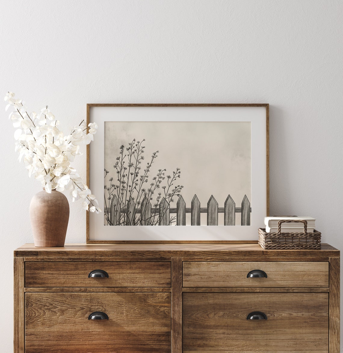 Picket Fence with Wildflowers and Grasses Pencil Sketch Poster - Image 3