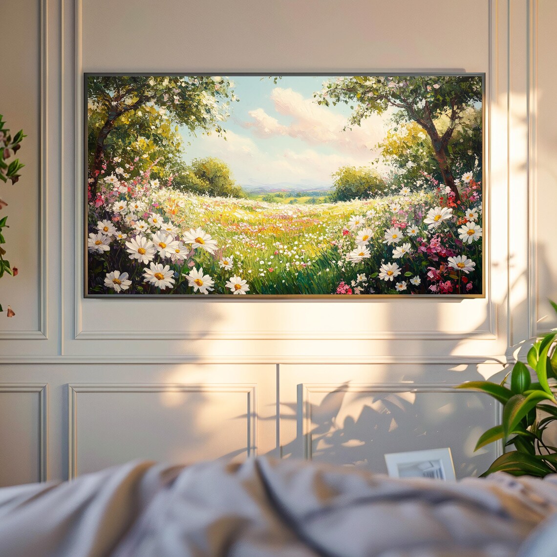 White Daisy Meadow In Bloom Spring Wildflowers Sunny Landscape Art Poster - Image 4