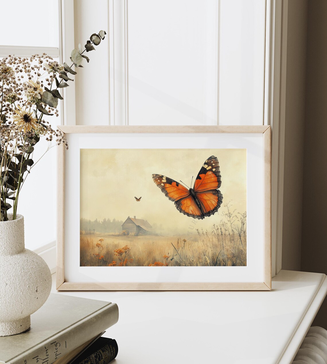 Orange Butterflies Golden Wheat Field Rustic Barn Autumn Morning Art Poster - Image 4