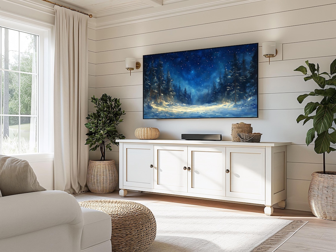 Starry Night Snowy Forest Art Print, Rustic Moody - Image 3