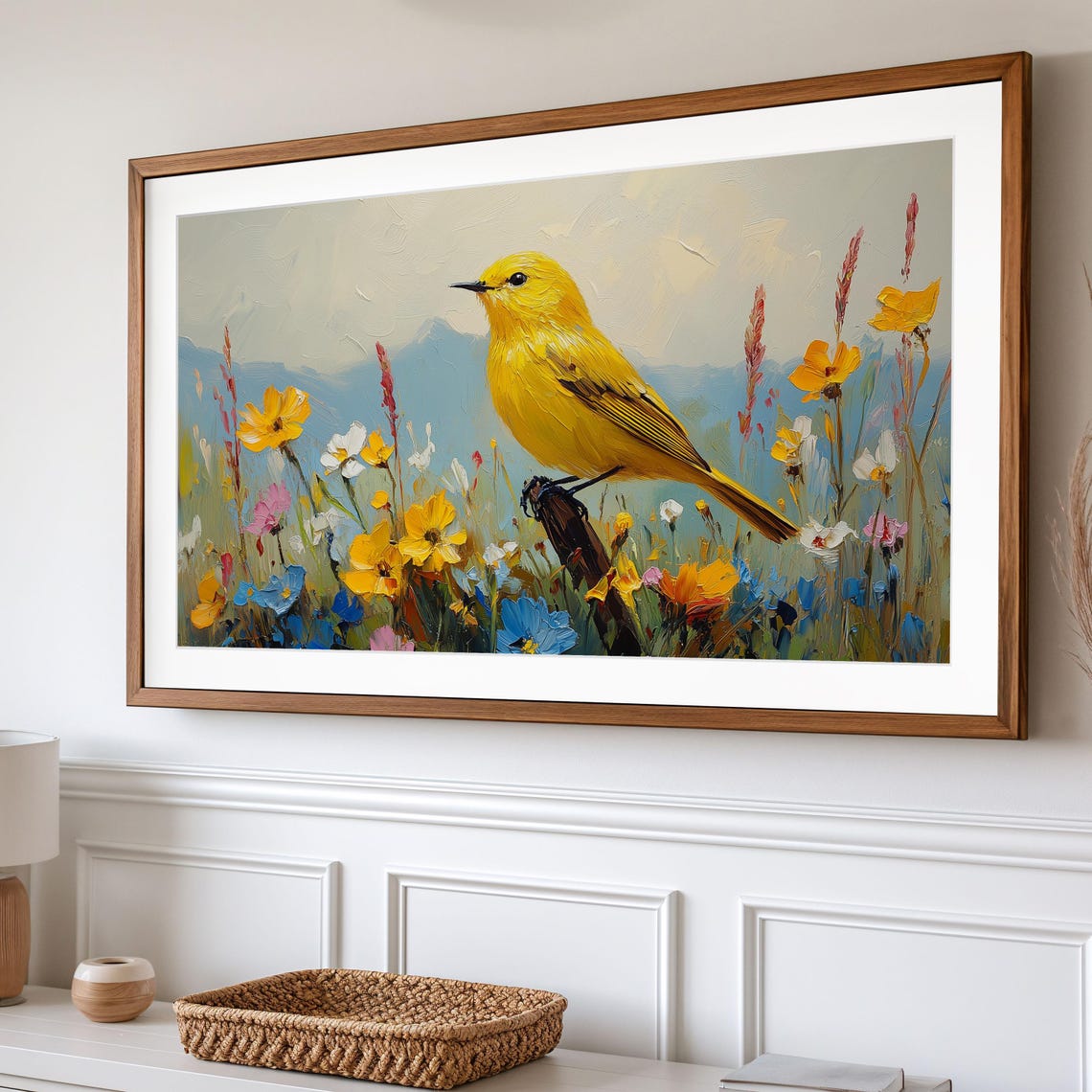 Yellow Warbler In Spring Wildflower Meadow Frame TV Bird Art Print - Image 2