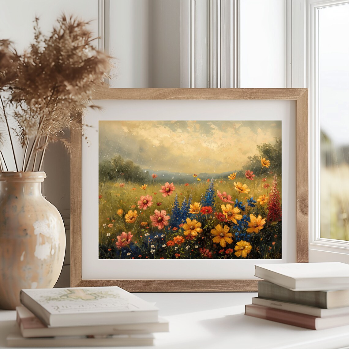 Summer Rain Wildflower Meadow Cosmos Delphinium Shower Nature Oil Poster - Image 2
