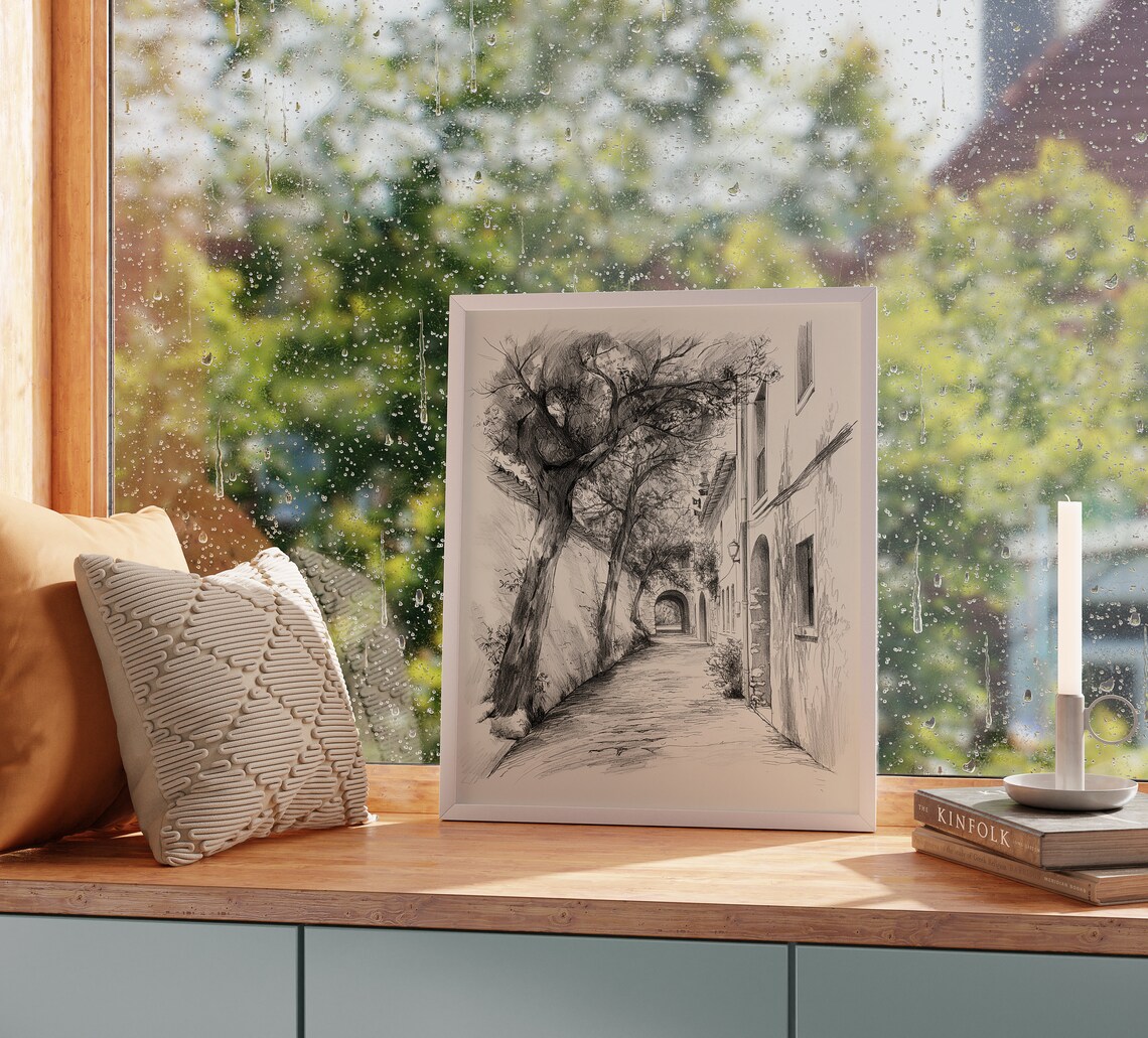 Old Town Alley With Arches And Trees Vintage Street Sketch Poster - Image 2