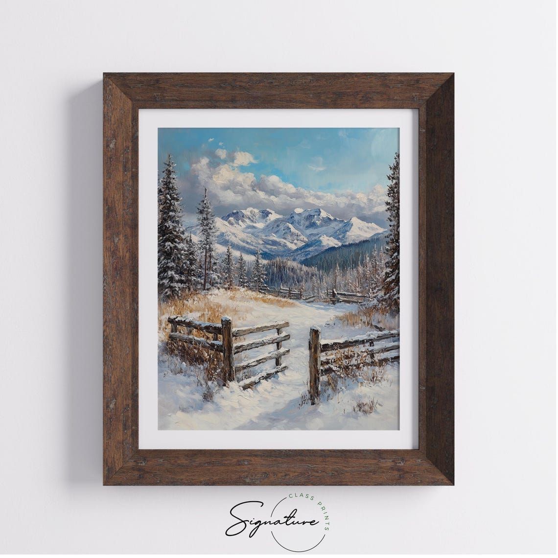 Snowy Alpine Mountain Gate Fence Oil Painting Style Winter Poster - Image 2
