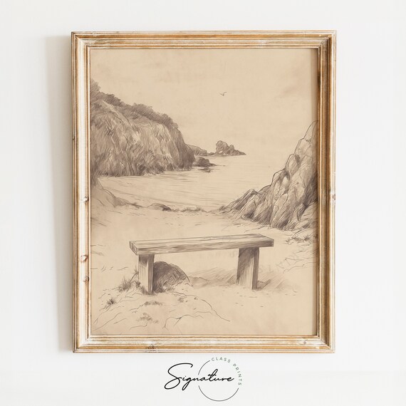 Solitary Bench Overlooking Secluded Cove Coastal Sketch Poster