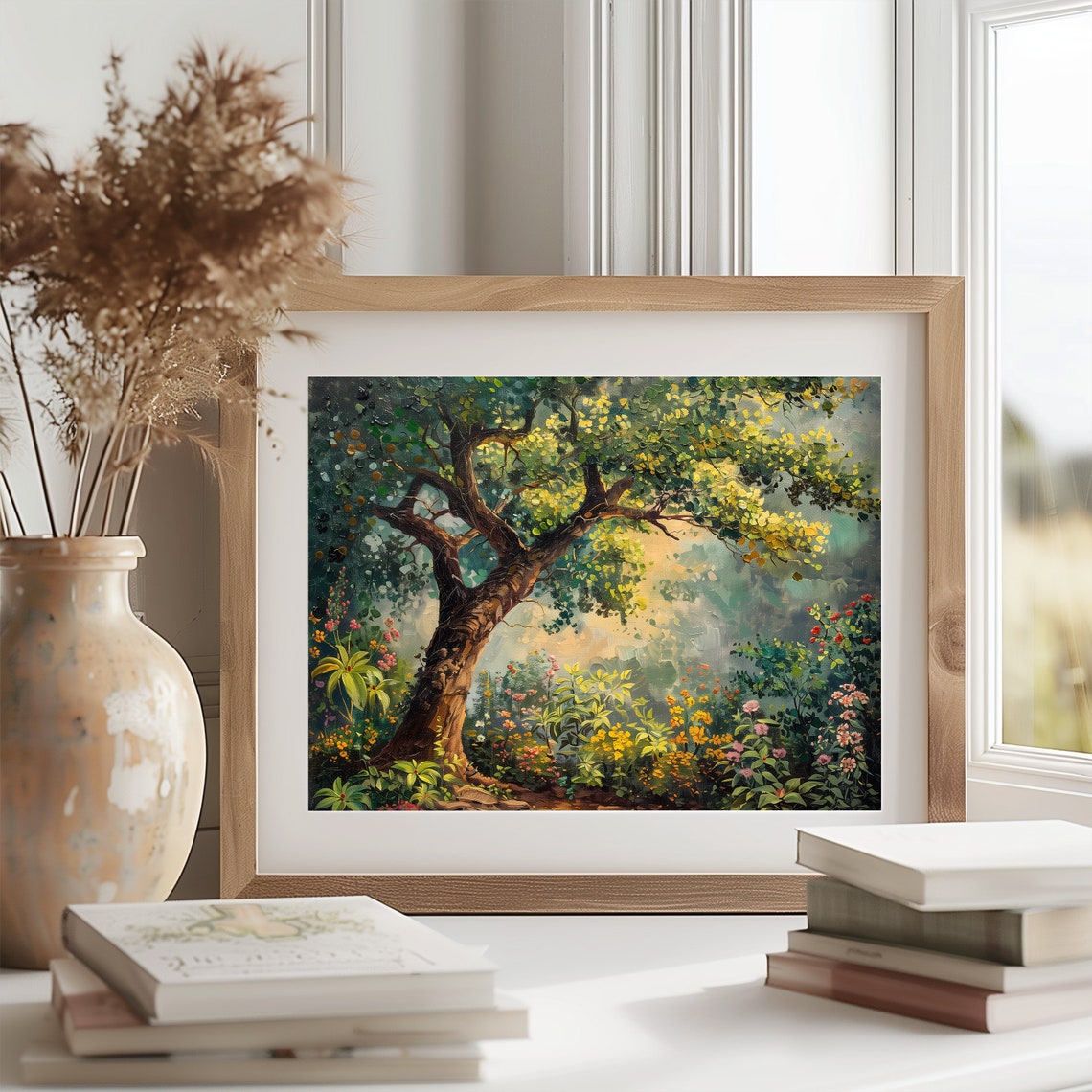 Ancient Gnarled Tree In Lush Flower Garden Sunlit Grove Poster - Image 2