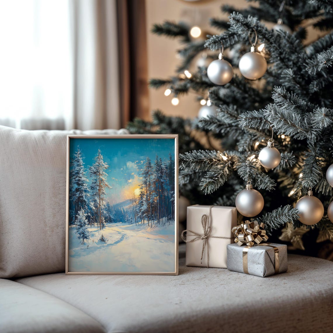 Snowy Pine Forest at Dusk Blue Winter Landscape Oil Painting Print - Image 5