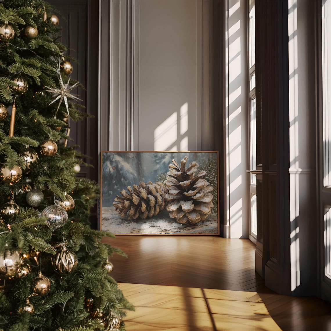 Snowy Pinecones Winter Forest Still Life Oil Painting Poster - Image 6