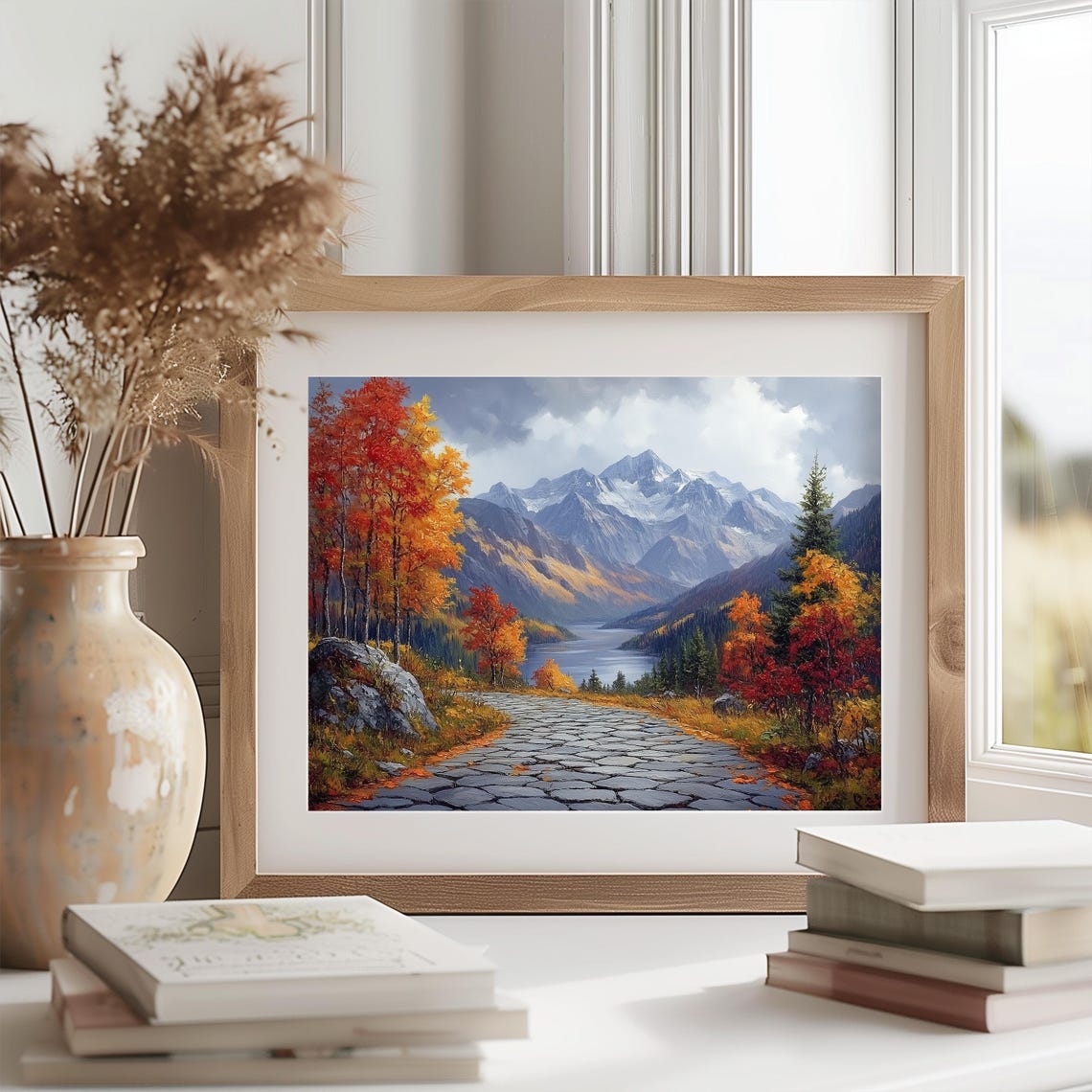 Autumn Cobblestone Lane Mountain Lake View Fall Scenic Wall Art - Image 2