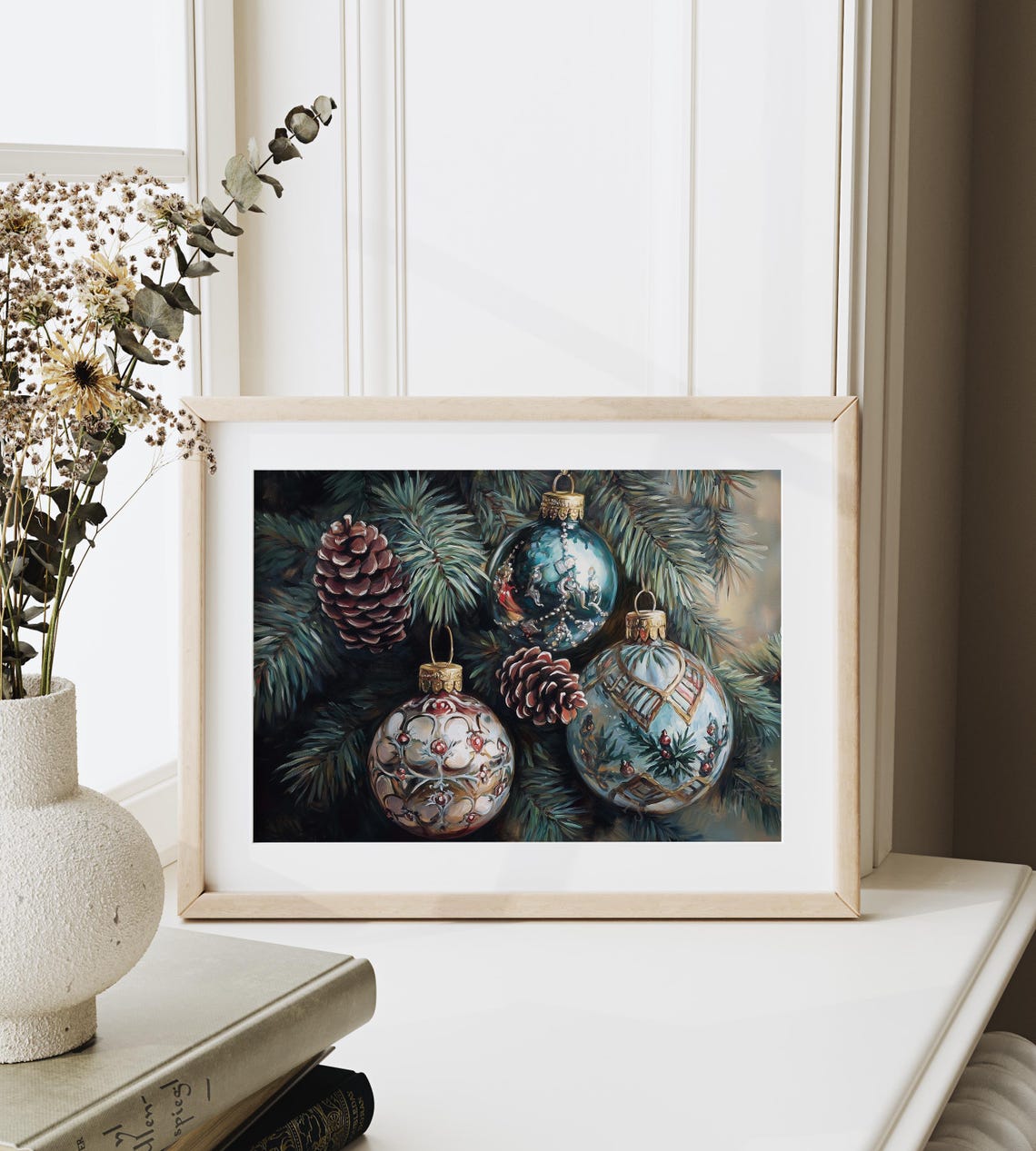Ornate Teal Christmas Ornaments On Pine Branches Winter Art Poster - Image 6