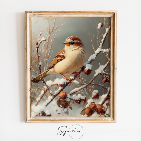 Tree Sparrow on Snowy Branch With Winter Berries Holiday Bird Poster